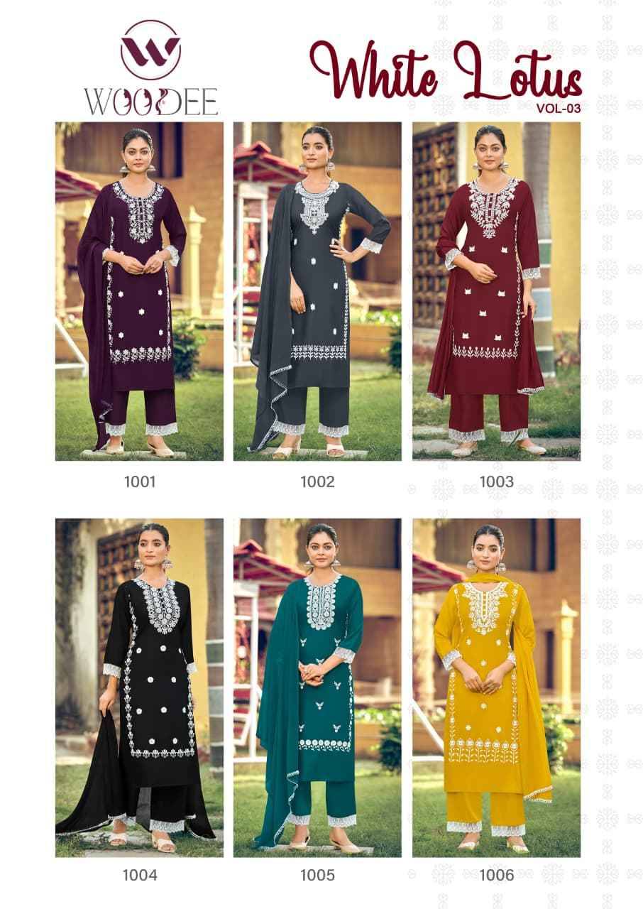WHITE LOTUS vol-3 By WOODEE 1001 to 1006 Series Beautiful Festive Suits Colorful Stylish Fancy Ethnic Wear Rayon Embroidery Dresses At Wholesale Price
